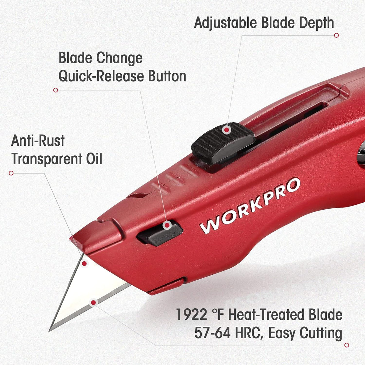 Retractable utility knife with red all-metal body and black blade slider, blade extended