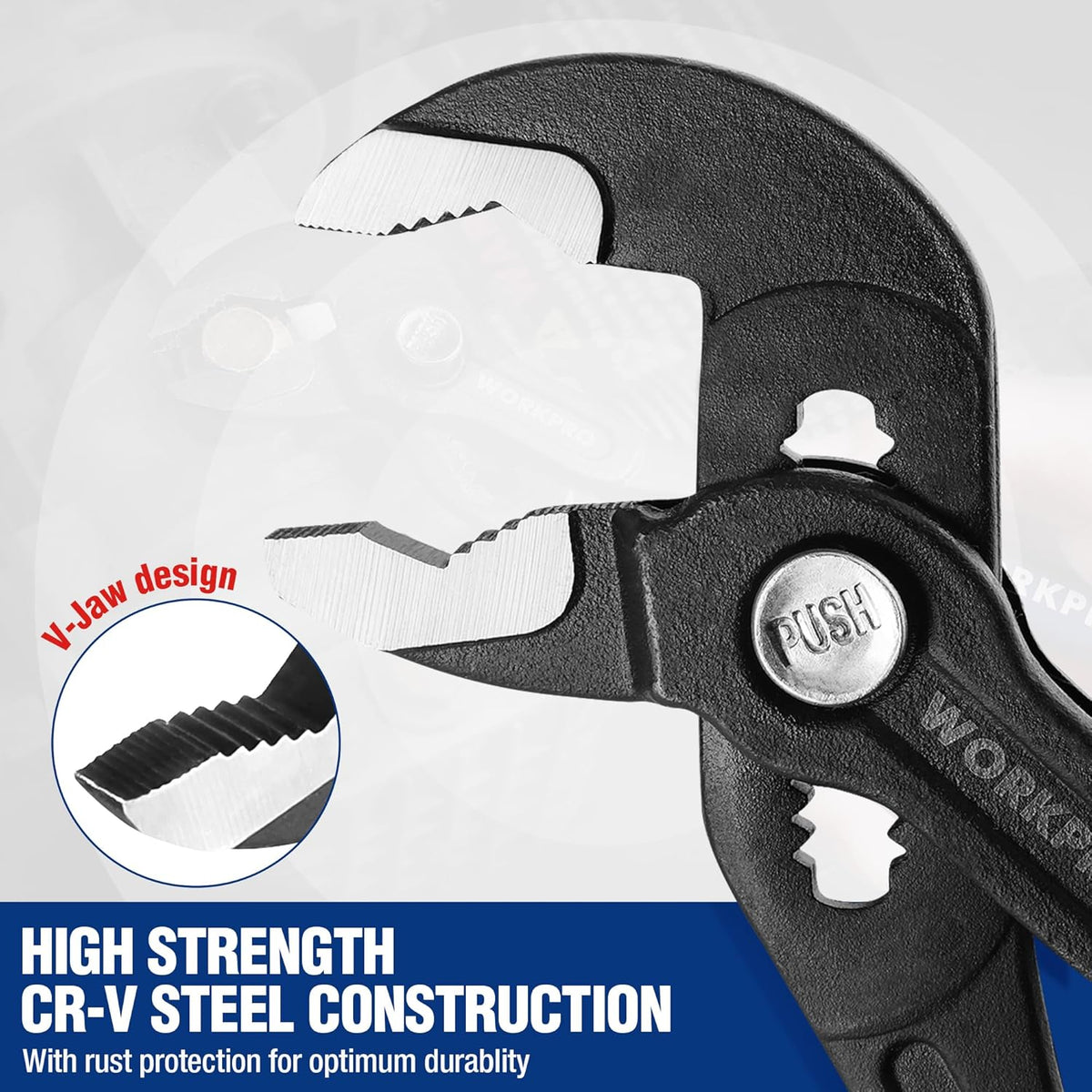 Groove joint pliers with V-jaw tip and push-button adjustment on black handle