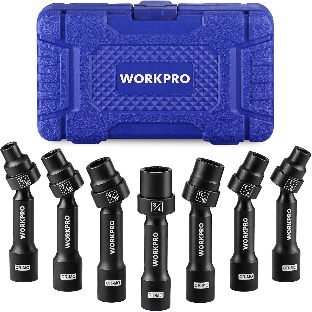 Blue storage case with seven black 1/2-inch drive driveline sockets