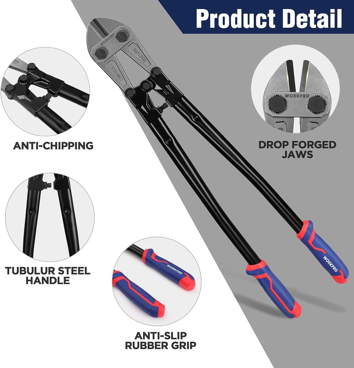 Workpro 30 inch bolt cutter with drop forged jaws, black tubular steel handles, and anti chipping design