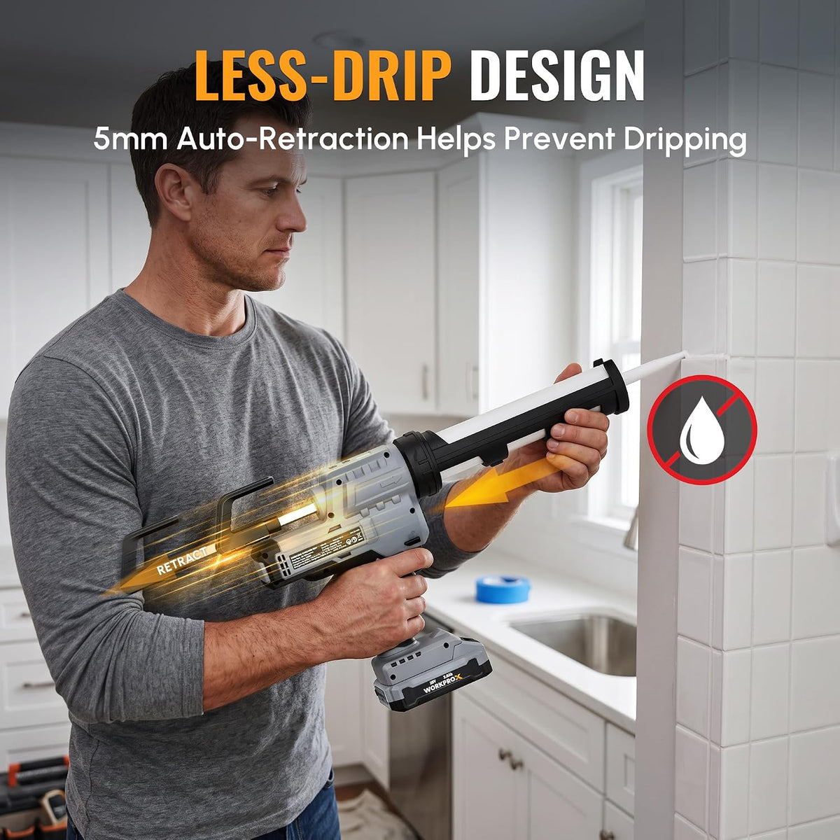 Cordless caulking gun near tiled surface with front drip-preventing nozzle guard
