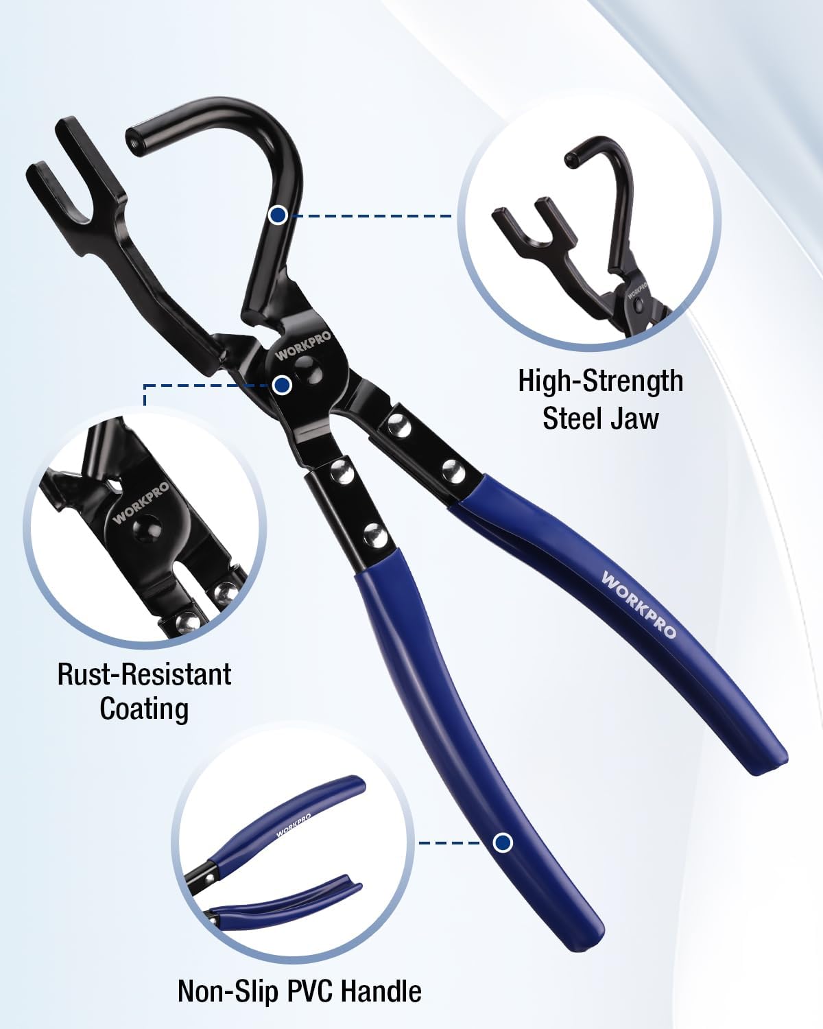 Exhaust hanger removal tool with non-slip blue handle and black steel jaw clamp