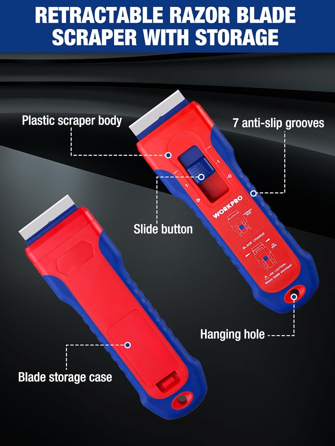 Retractable razor blade scraper tool, red and blue, with blade storage case and slide button