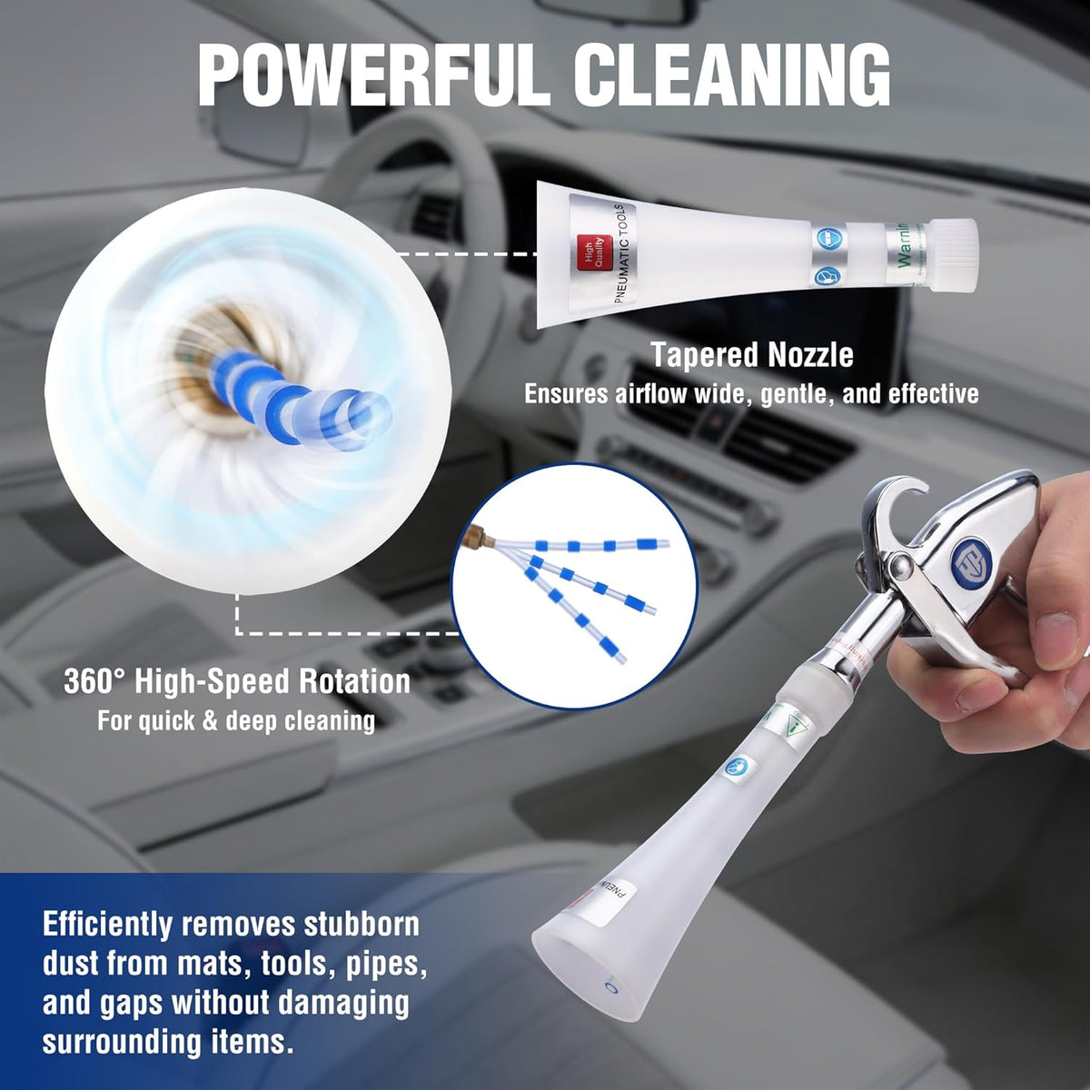 Tapered white nozzle air blow gun with metal trigger, shown near vehicle vents
