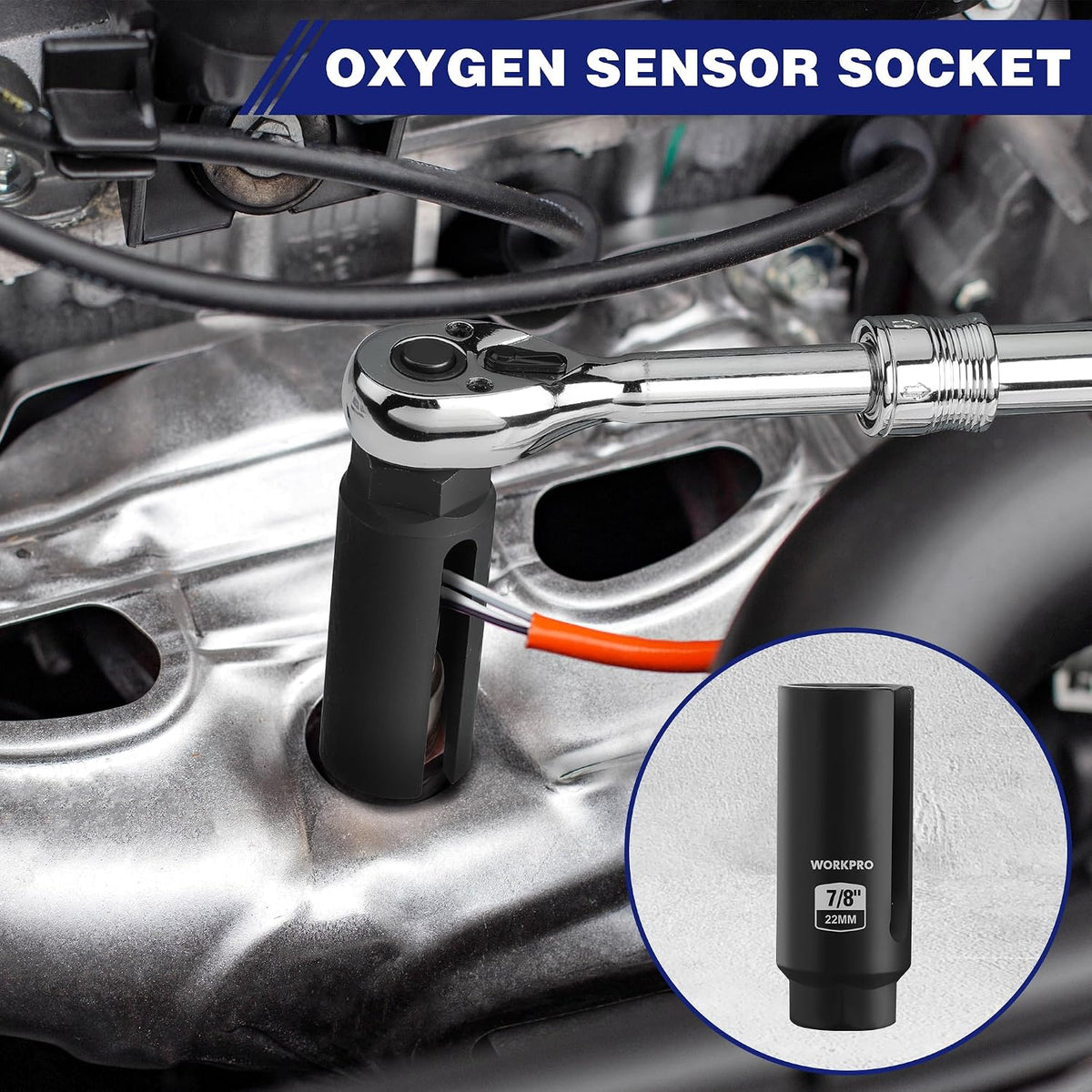 Oxygen sensor socket wrench on chrome exhaust pipe with tool tip close-up