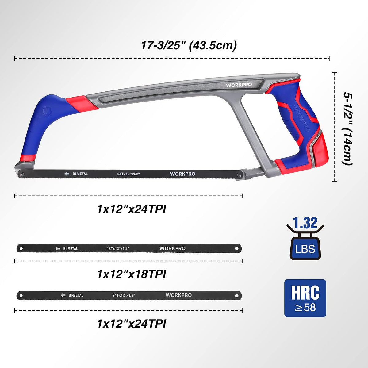 Workpro 12 inch hacksaw with extra two bi-metal saw blades, blue and red handle, 43.5 cm overall length.
