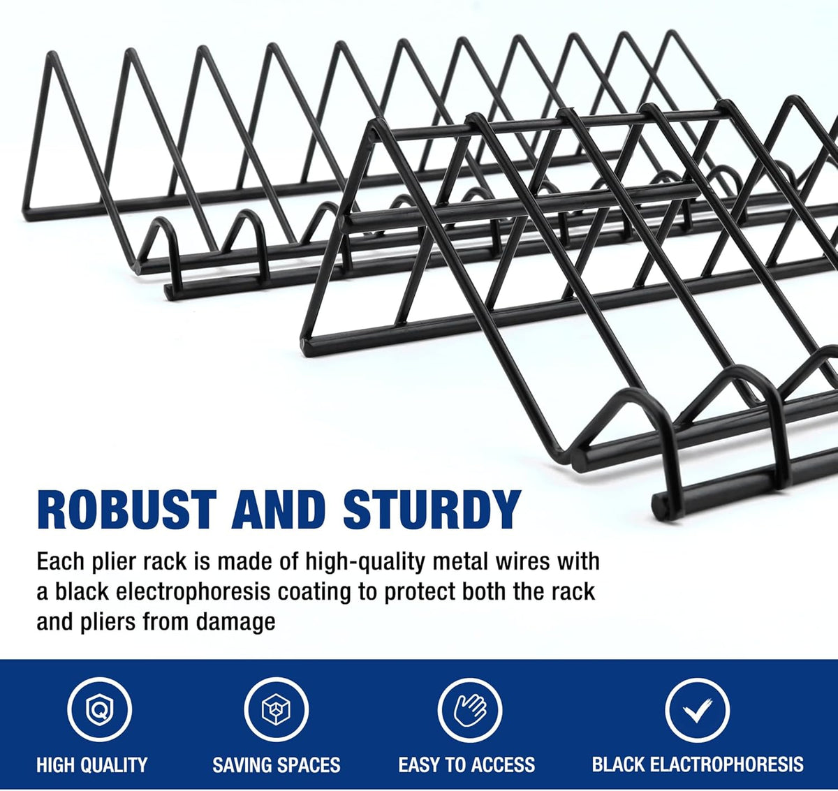 Black metal plier organizer rack with zigzag slot arms and sturdy base