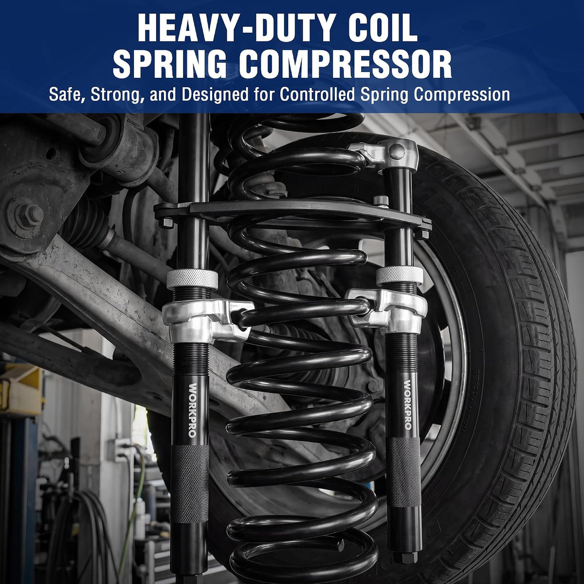 Workpro 2-piece heavy duty coil spring compressor tool set in black, shown for automotive MacPherson strut spring service.