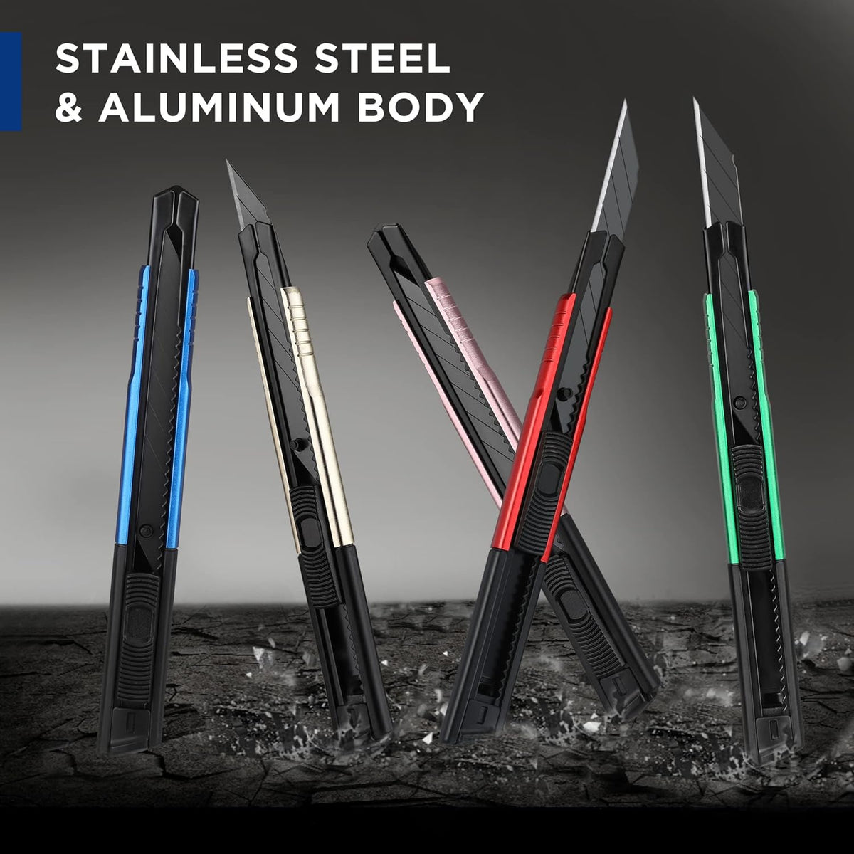 Retractable utility knife set with black handles and colored grips, snap-off blades