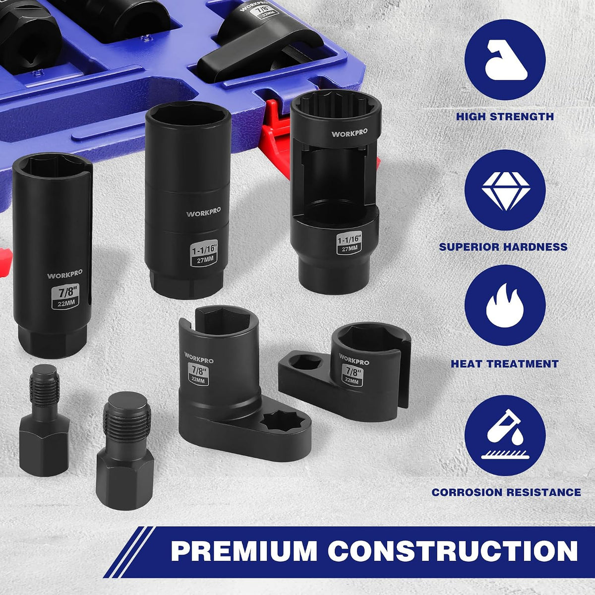 Black oxygen sensor socket tools and thread chaser set on display, premium construction