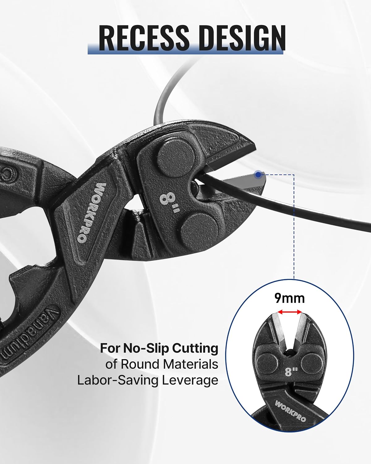 Workpro 8 inch mini bolt cutter with recess and spring, featuring a high-hardness cutter head for cutting bolts and metal.