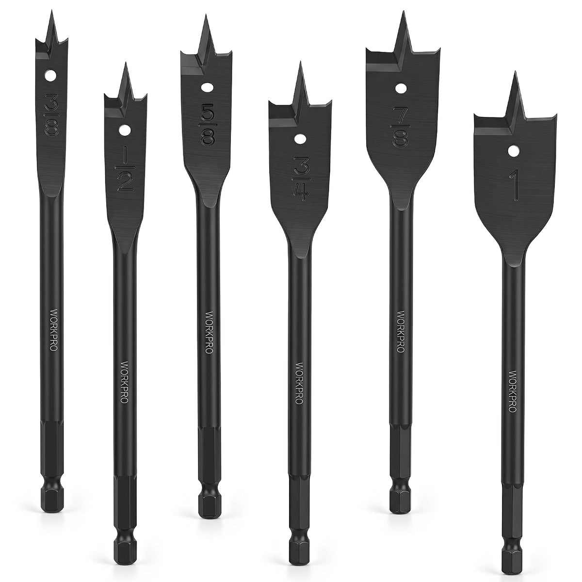 WORKPRO 6-Piece Spade Drill Bit Set in black with innovation, quality, and durable steel for quick changes