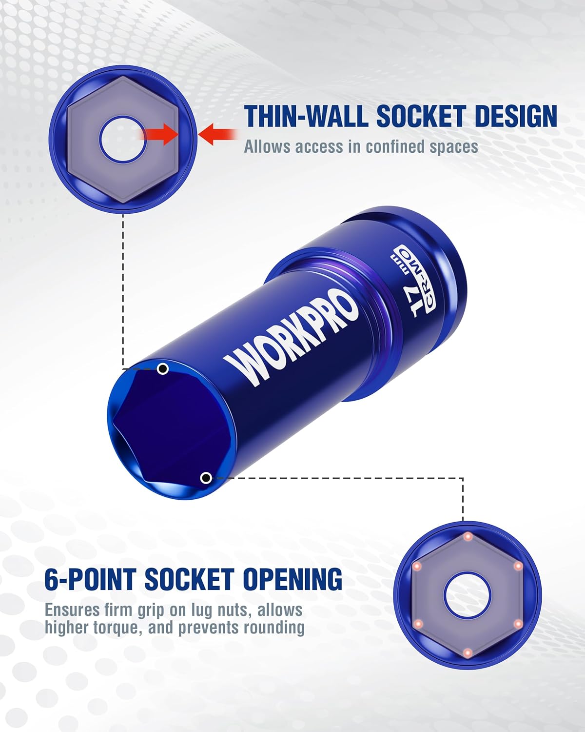 Blue thin-wall 6-point lug nut socket, 1/2 in drive, for tight spaces