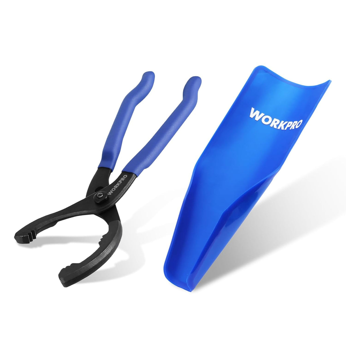 WORKPRO oil filter plier with blue silicone oil funnel, black adjustable jaws