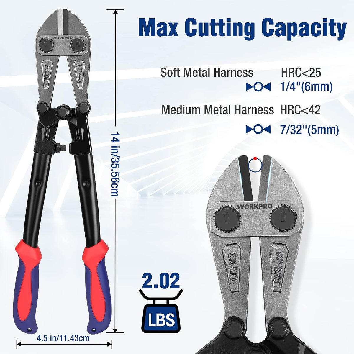 Workpro 14 inch bolt cutter in red and blue with drop-forged chrome molybdenum steel jaws for cutting bolts and rods.