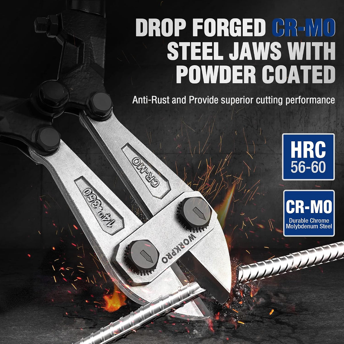 Workpro 14 inch bolt cutter with drop-forged chrome molybdenum steel jaws for cutting bolts and rods.