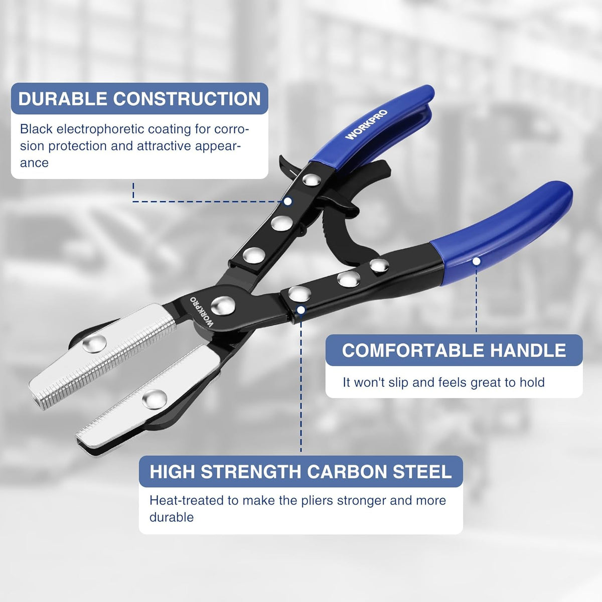 WORKPRO ratcheting hose pinch-off pliers with blue handles and serrated jaws