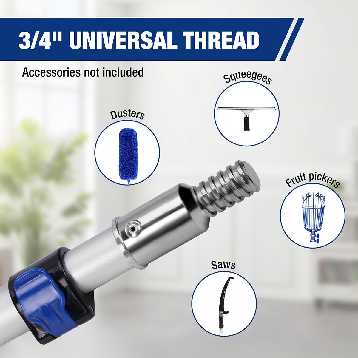 Workpro 20 ft pole for tree trimming with a non-slip foam grip, silver shaft and blue collar for steady handling