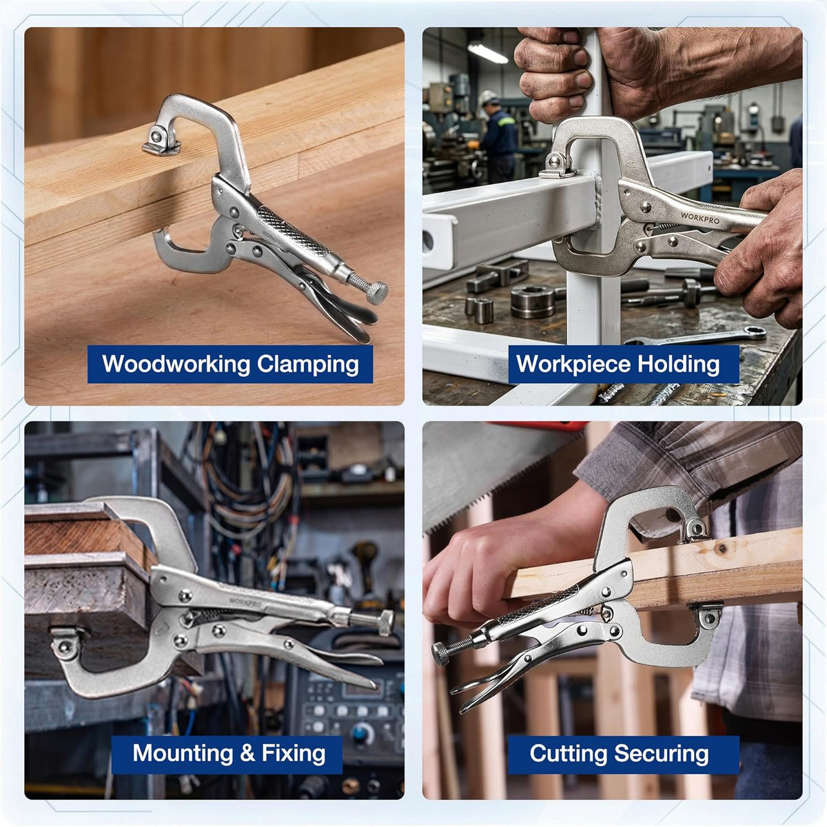Locking C-clamp with swivel pads shown clamping wood and workshop parts