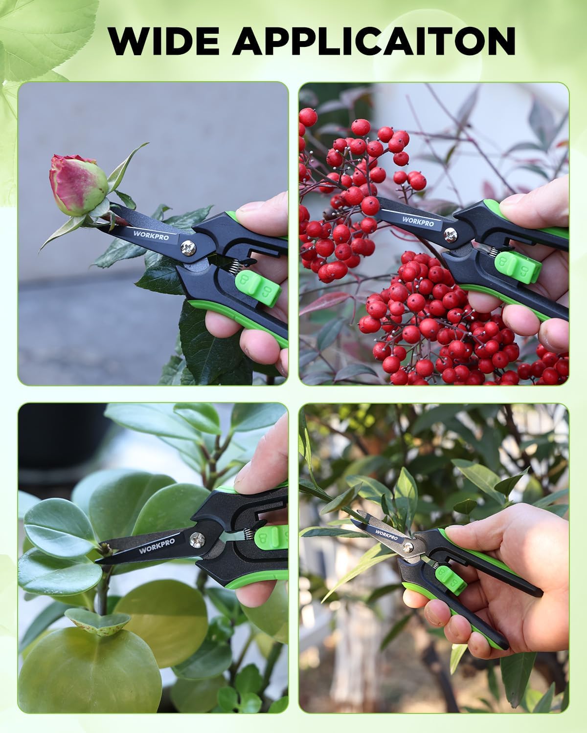 Garden pruning shears in hand with black-and-green handles for fruit and vegetable trimming