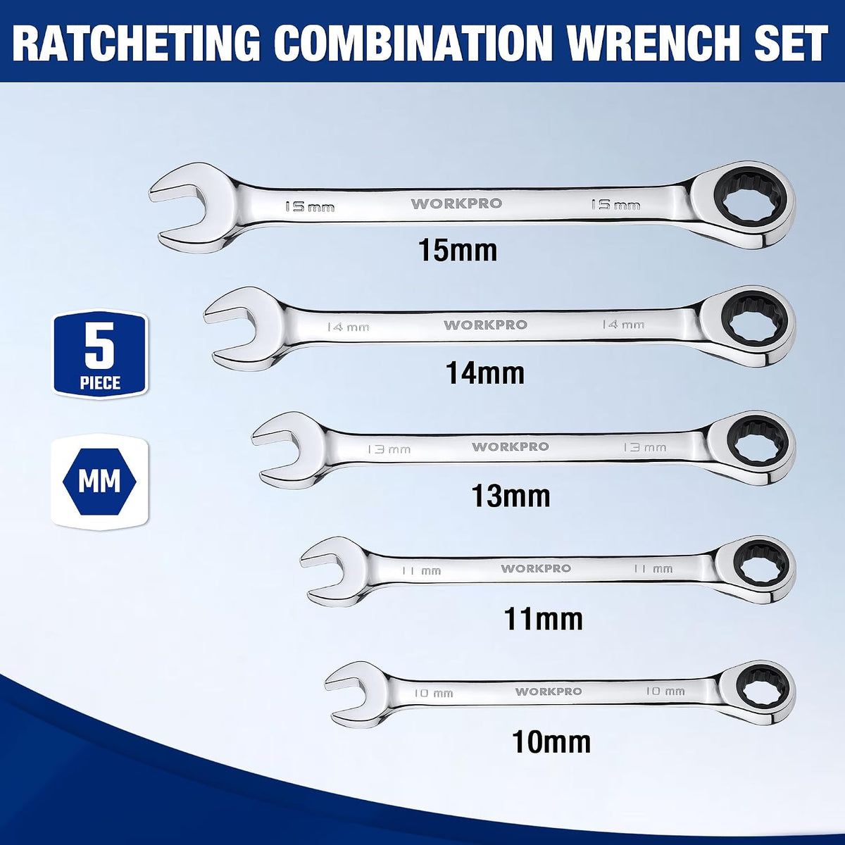 Workpro metric ratcheting wrench set in silver with clearly marked sizes and polished metal finish, arranged in order.