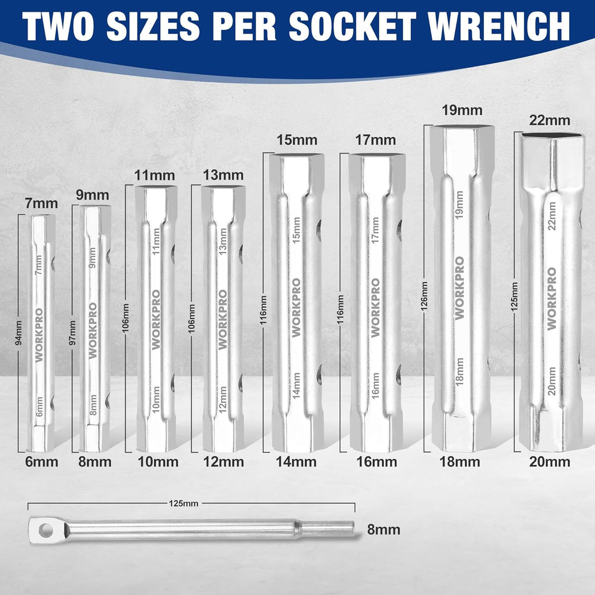 Chrome double-ended hex socket wrench set with multiple size sockets shown on rods.