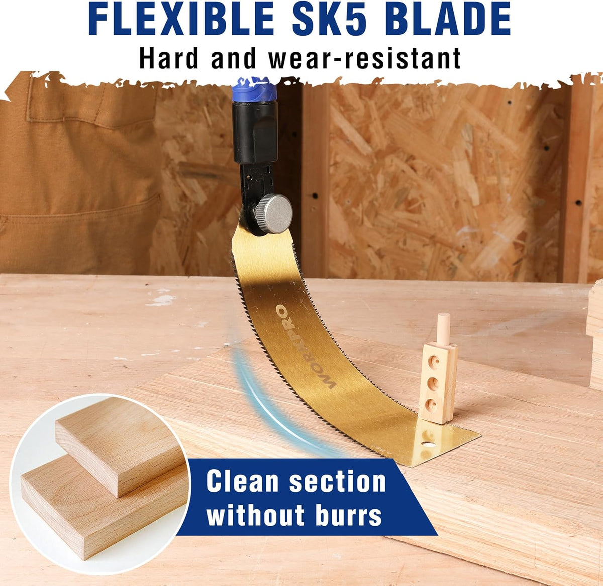 Japanese pull saw with flexible SK5 blade and blue non-slip handle for clean wood cuts