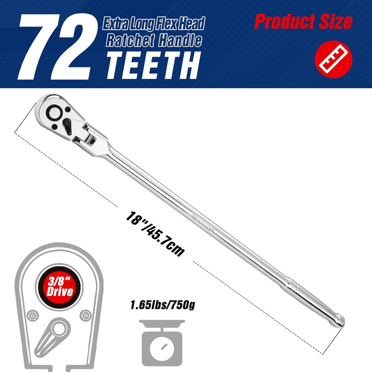 Extra-long 3/8 in drive flex-head ratchet with shiny metal finish, 72-tooth design