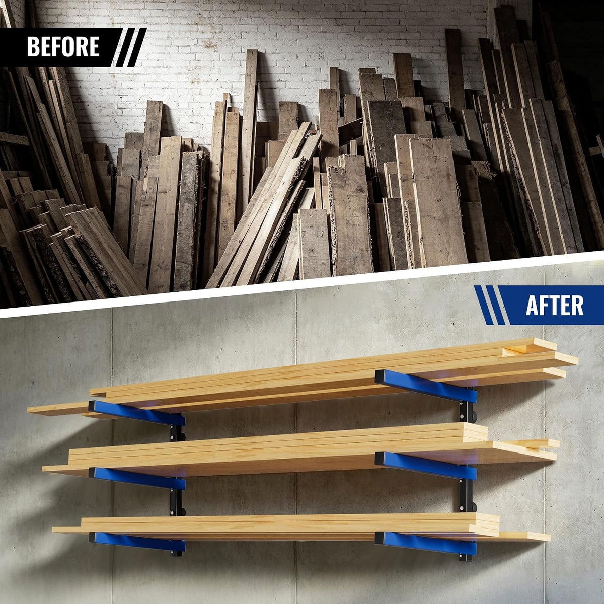 Workpro four-piece three-tier wall-mounted lumber storage rack with blue brackets and epoxy-seal rust-resistant finish.