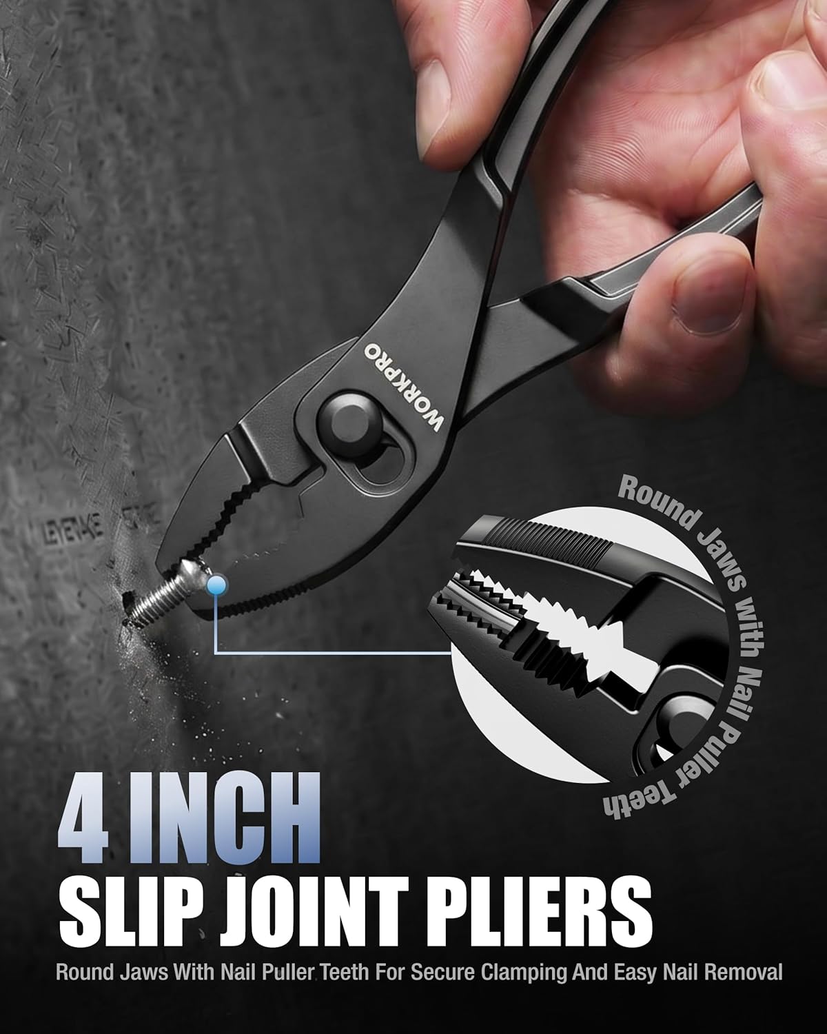 WORKPRO 4-inch slip joint pliers with round jaws and blue adjustment pin