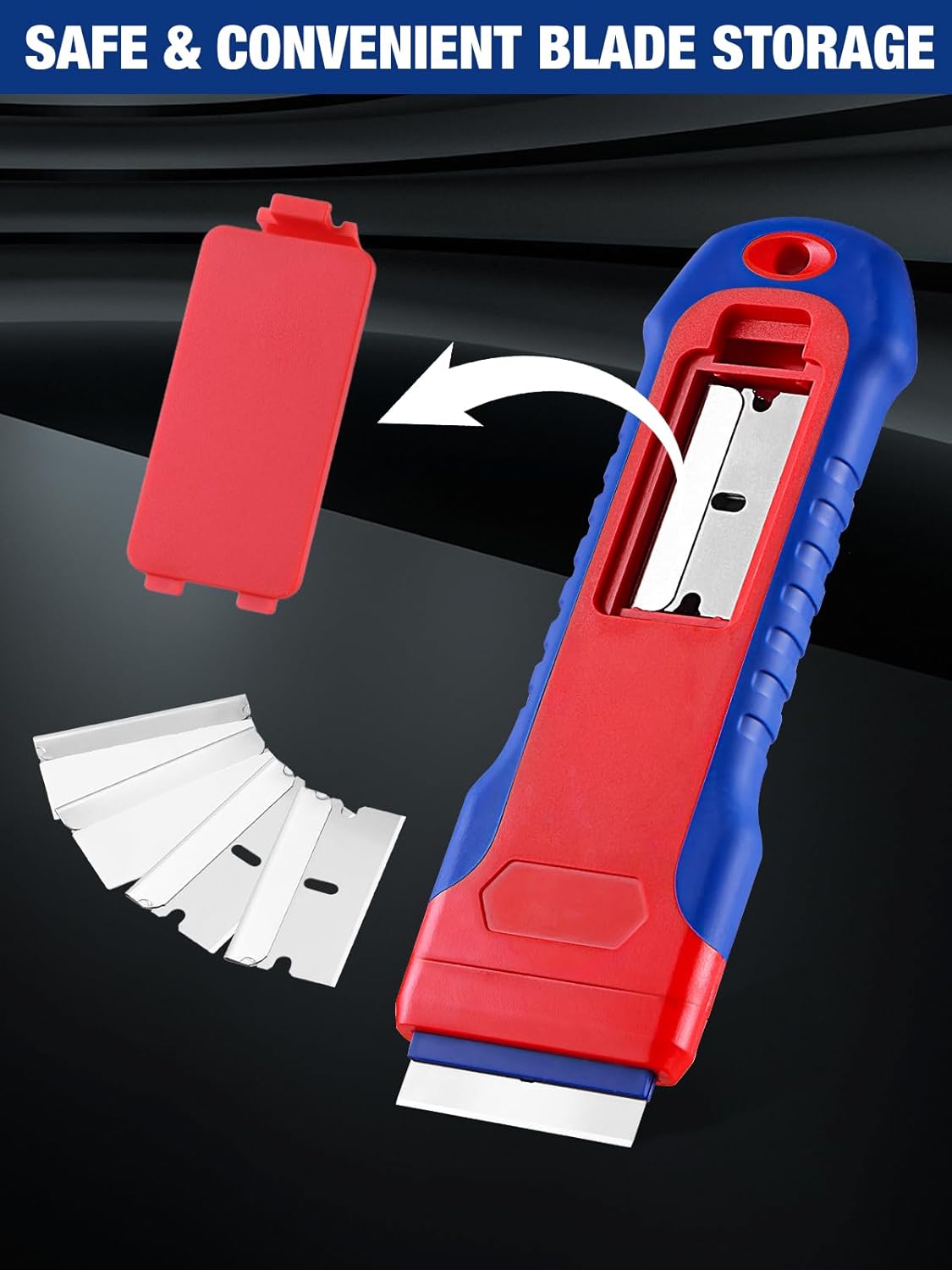 Retractable razor scraper with open blade storage and spare blades, red and blue