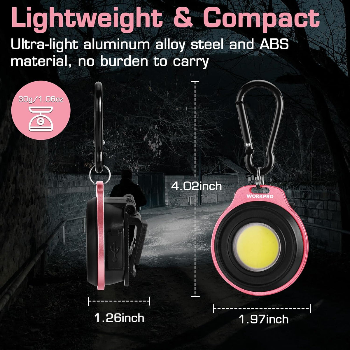 Pink keychain flashlight with carabiner and compact circular LED light head