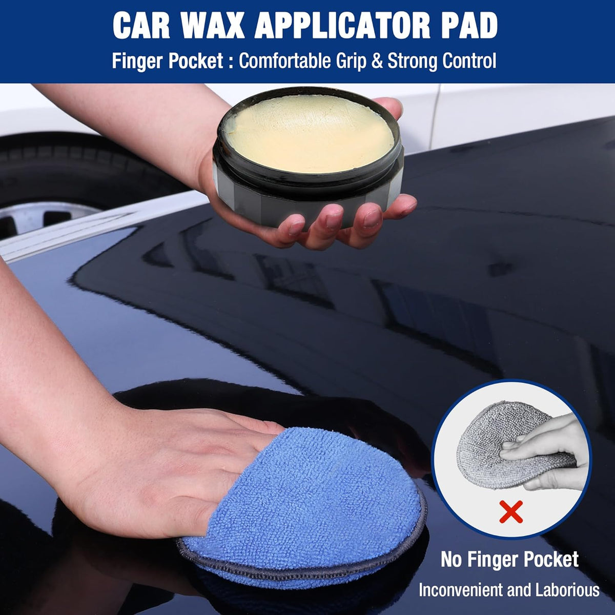 Blue microfiber car wax applicator pad in hand, round with soft foam texture