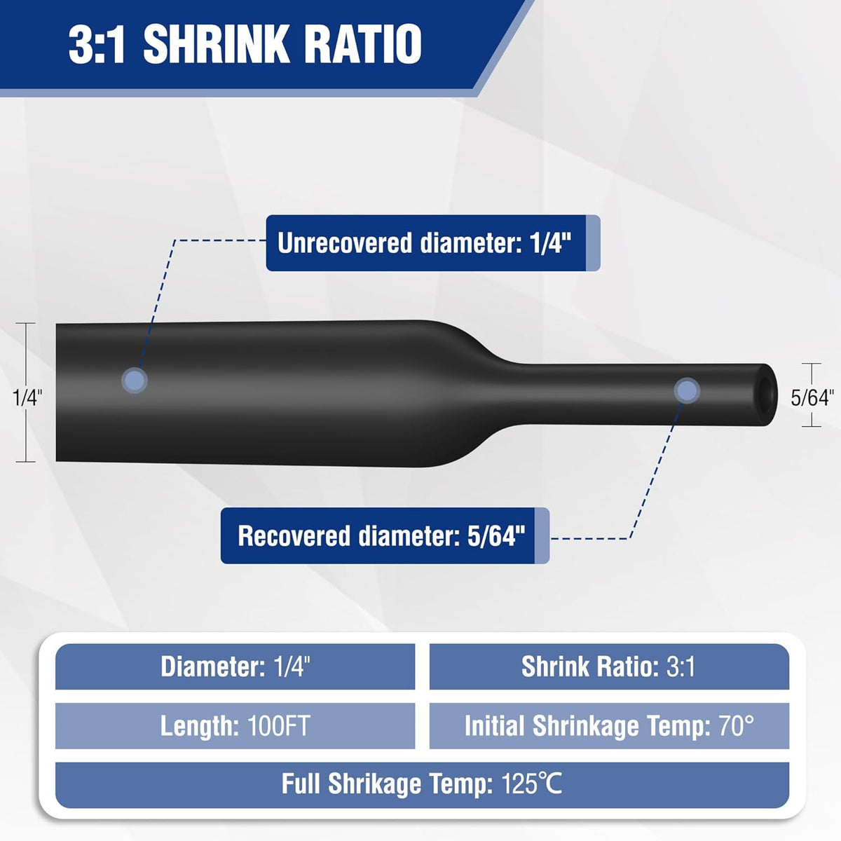 Heat shrink tubing: 1/4 in uncovered diameter to 5/64 in recovered, 3:1 shrink ratio