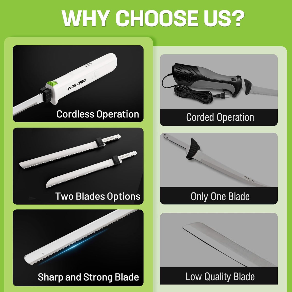 White cordless electric carving knife showing two blade options and serrated edge
