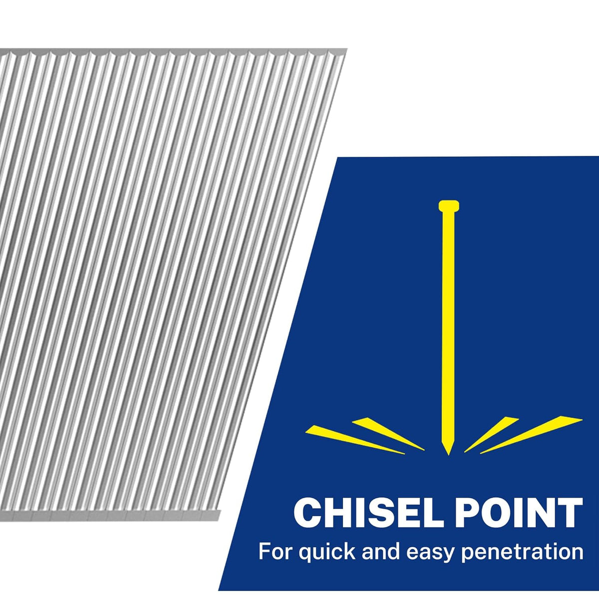 18-gauge brad nails with chisel-point tips on metal nail strips