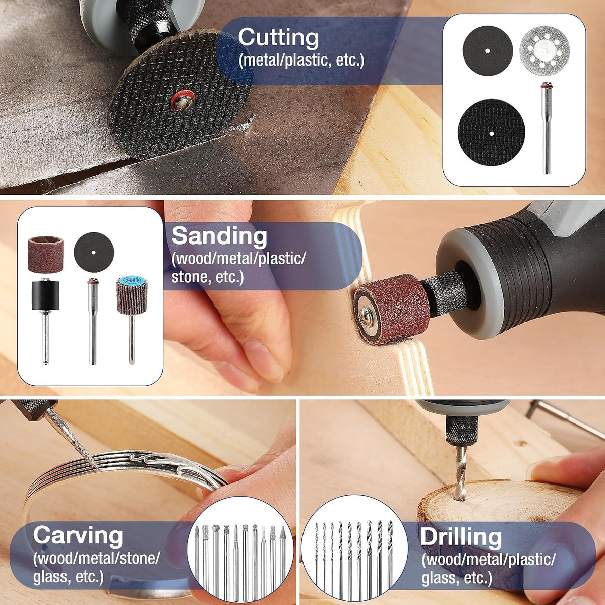 Rotary tool bits for cutting, sanding, carving, and drilling shown on wood