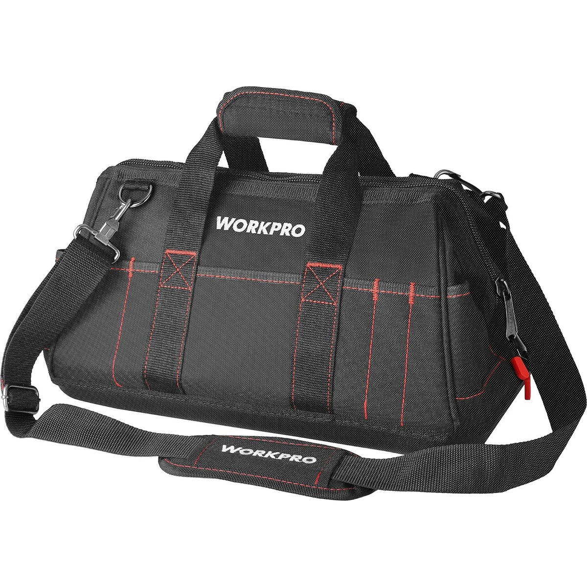 WORKPRO 16 inch close top wide mouth tool storage bag in black with waterproof rubber base, durable innovation