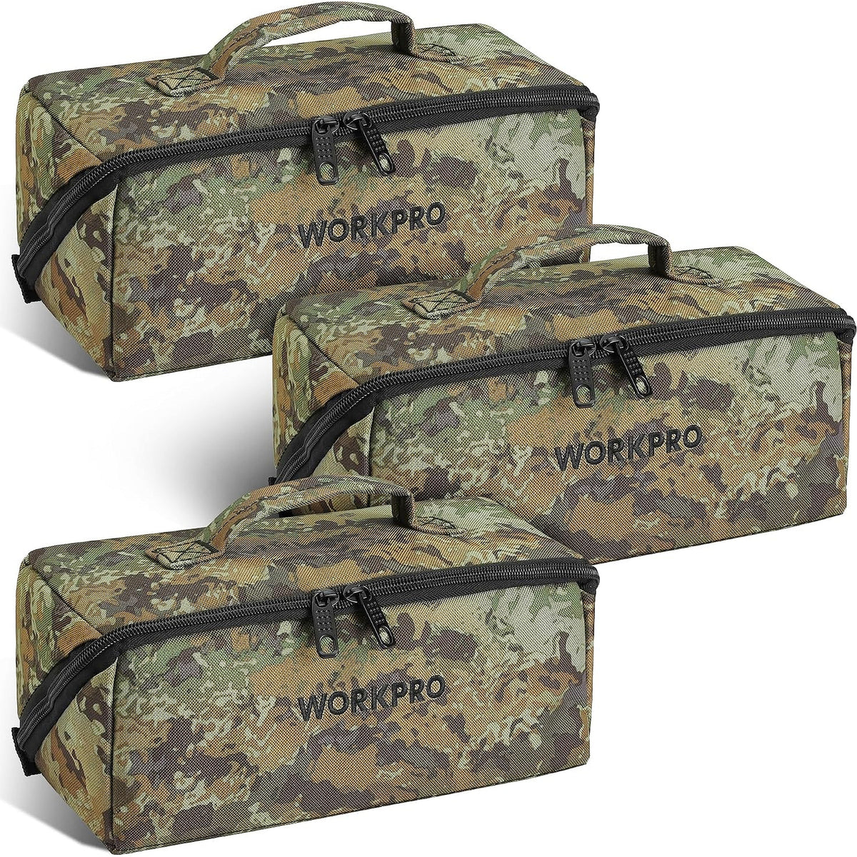 WORKPRO Tool Bag with zipper in camo, wide-mouth dual-zipper opening for innovation, quality, durable storage
