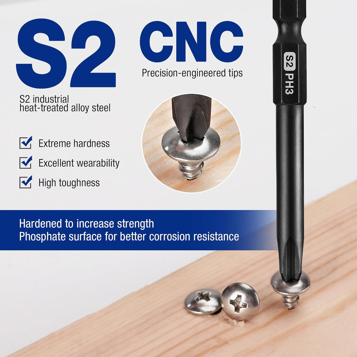 WORKPRO S2 steel precision-engineered screwdriver bit with hardened tip and wood-screw contact