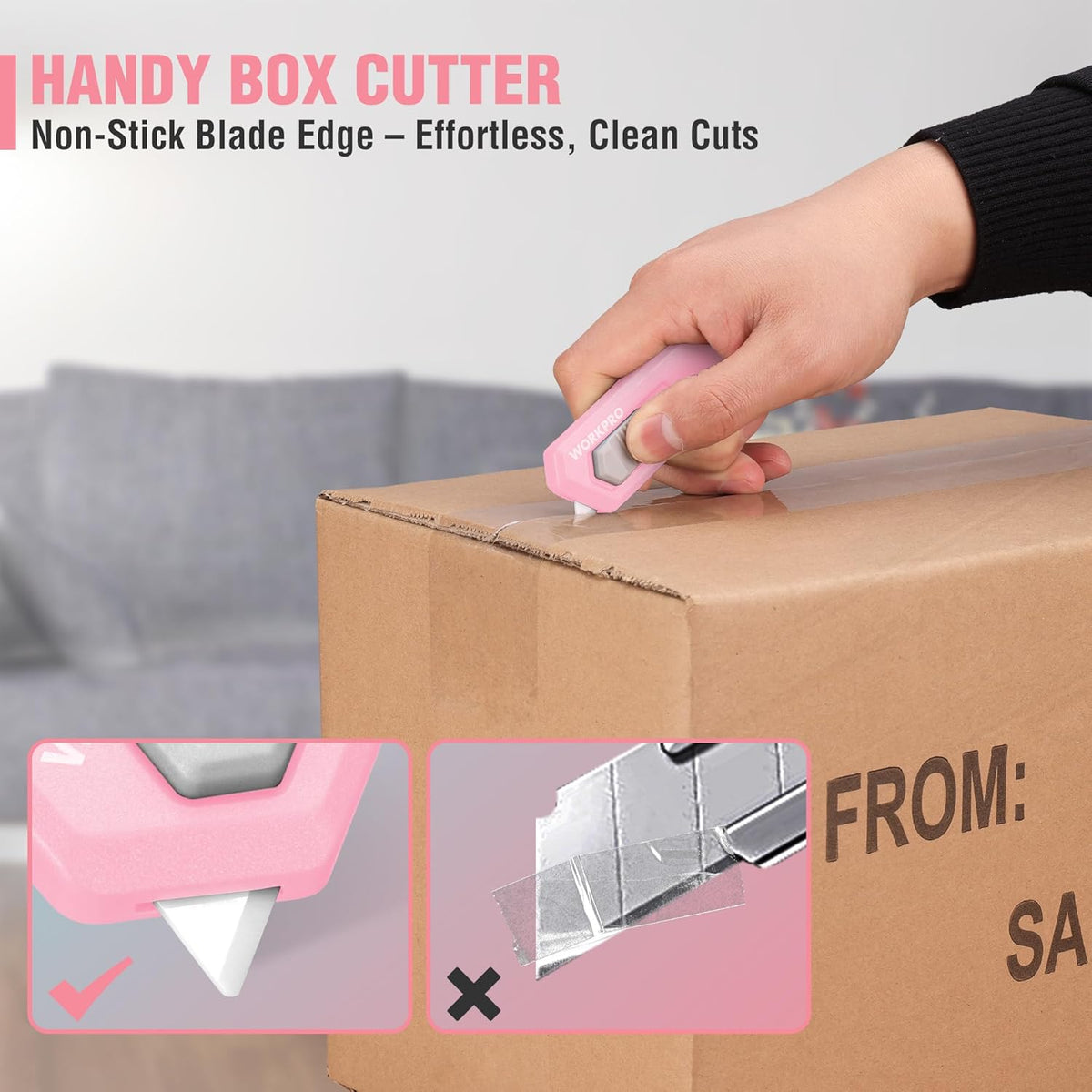 Pink mini box cutter cutting cardboard box; retractable blade edge exposed