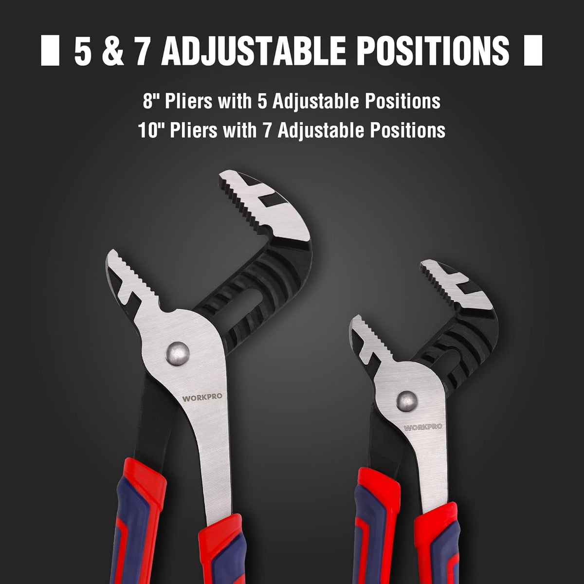 Adjustable position groove pliers set, showing 8 in and 10 in sizes with red/blue grips