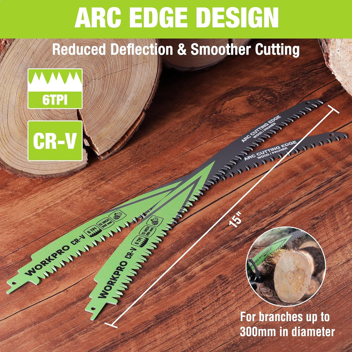 Arc edge design reciprocating saw blades with 6TPI marking and CR-V on green bodies