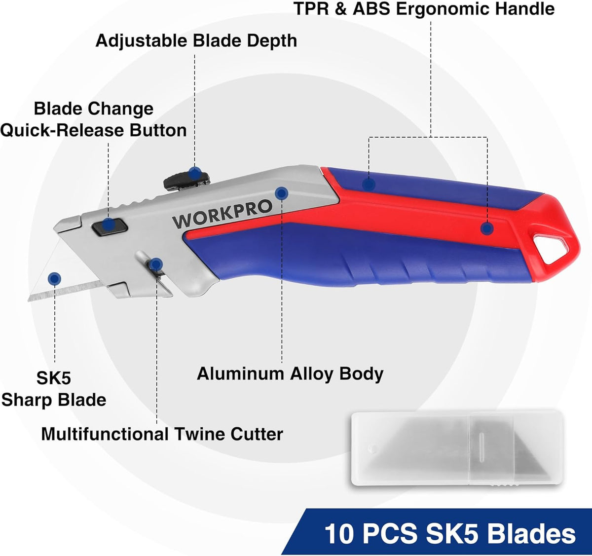 Retractable utility knife with aluminum alloy body, blue handle, red grip, exposed blade.