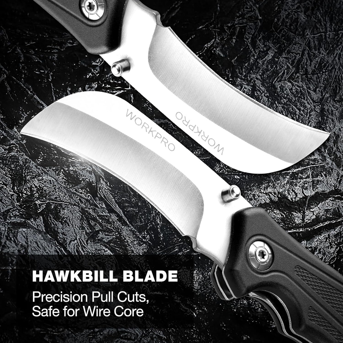 WORKPRO hawkbill blade folding knife with curved cutting edge and black handle grip.