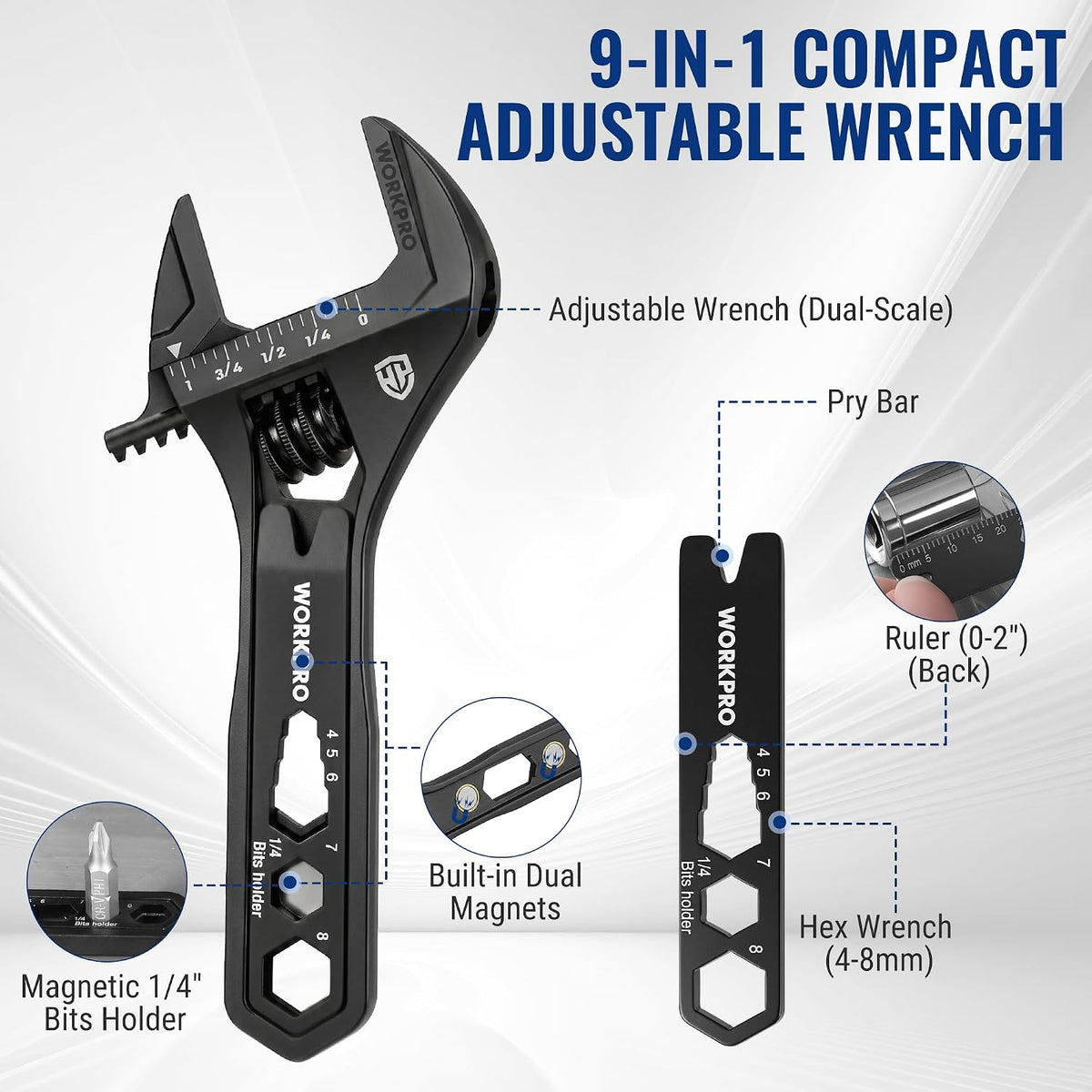 Workpro 9-in-1 adjustable wrench in black with integrated pry bar and hex openings, plus jaw opening up to 1 inch