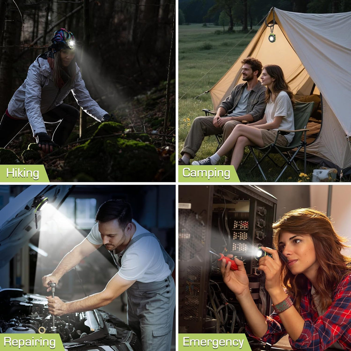 Green COB keychain flashlight shown in outdoor use for camping, repair, and emergency