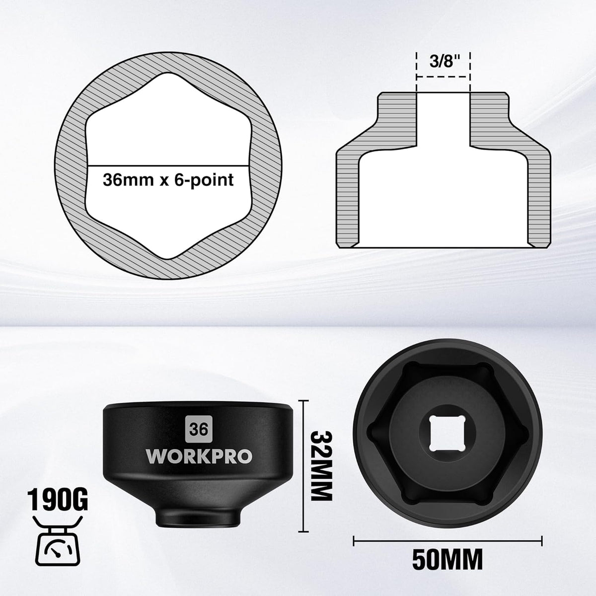 36mm oil filter socket wrench, 6-point hex, 3/8 in drive