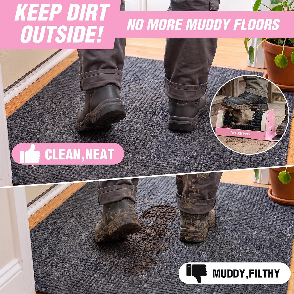 Workpro heavy duty boot cleaner in pink with four-sided flexible bristles for removing mud from footwear