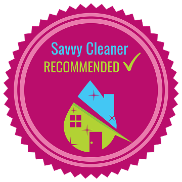 Recommended cleaner badge with bright innovation and quality text and a house icon on a pink circle